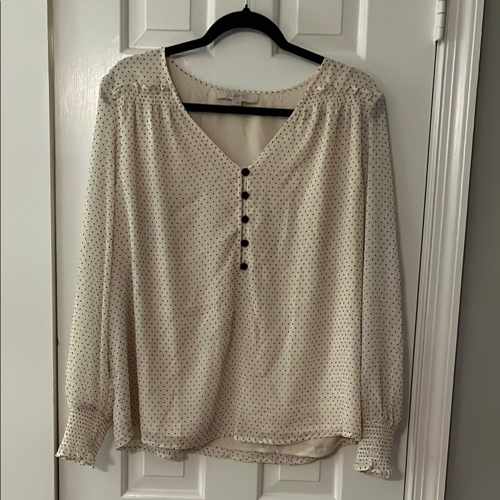 LOFT Cream Button-Front Polka Dot Blouse